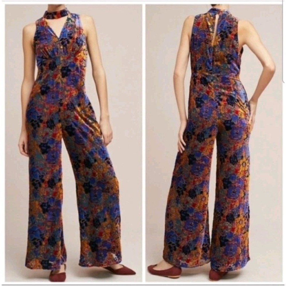 Anthropologie Maeve Ava Velvet Floral Jumpsuit   Size 2P Keyhole‎ Wide Leg